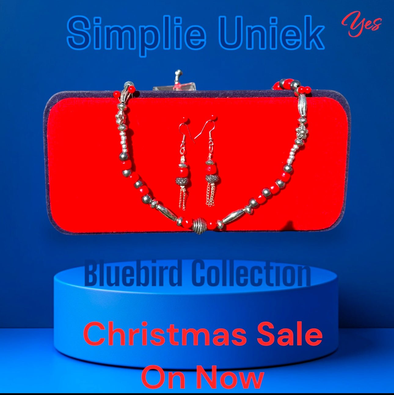 Bluebird Red Beaded Earrings & Necklace Set Christmas Collection.